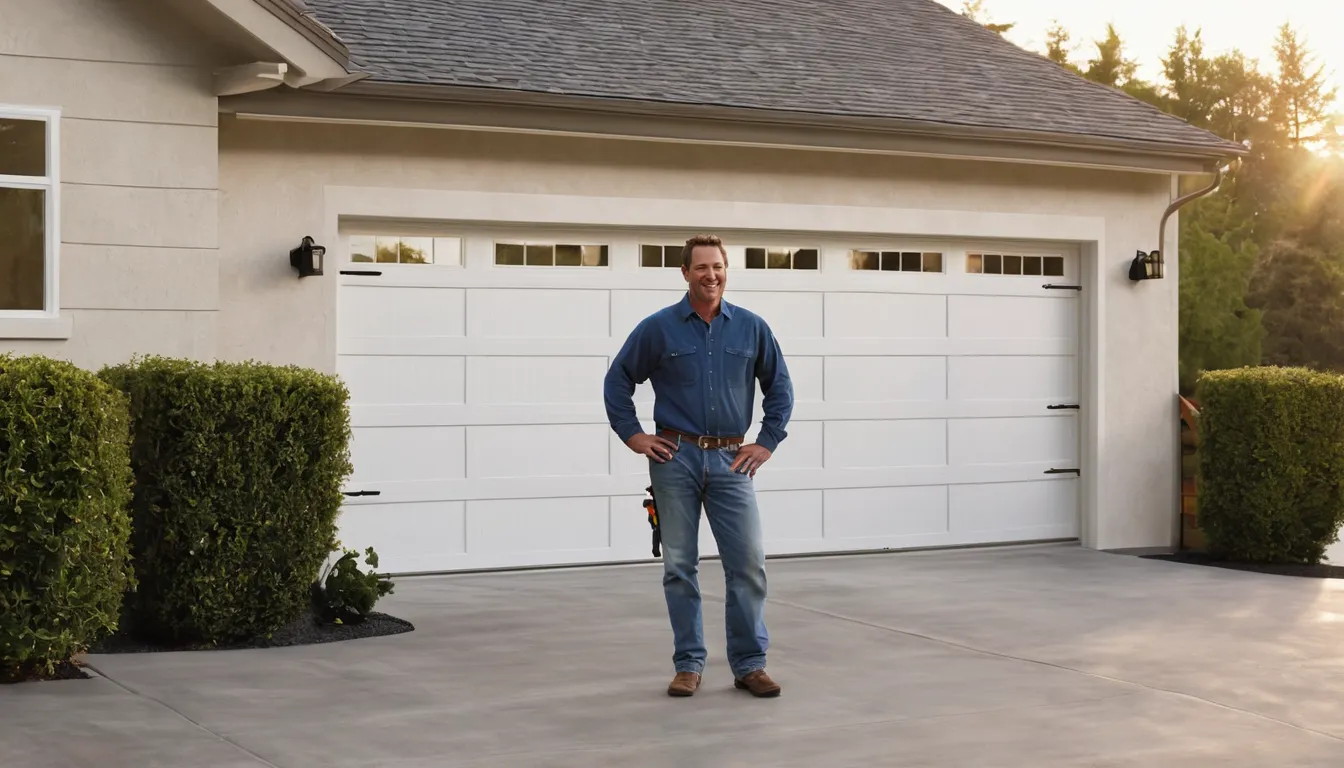 Friendly provider and homeowner checking a new garage door on a house near St. Michael