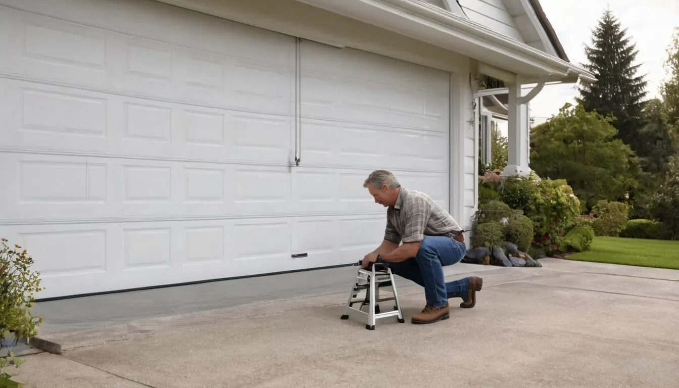 A local garage door provider checking a spring above a garage door in a St. Michael home